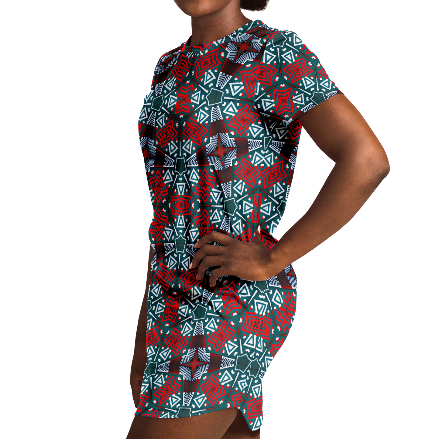 Women's Red, Green & White Teal Aztec Geo Pattern All-Over Print T-Shirt Dress