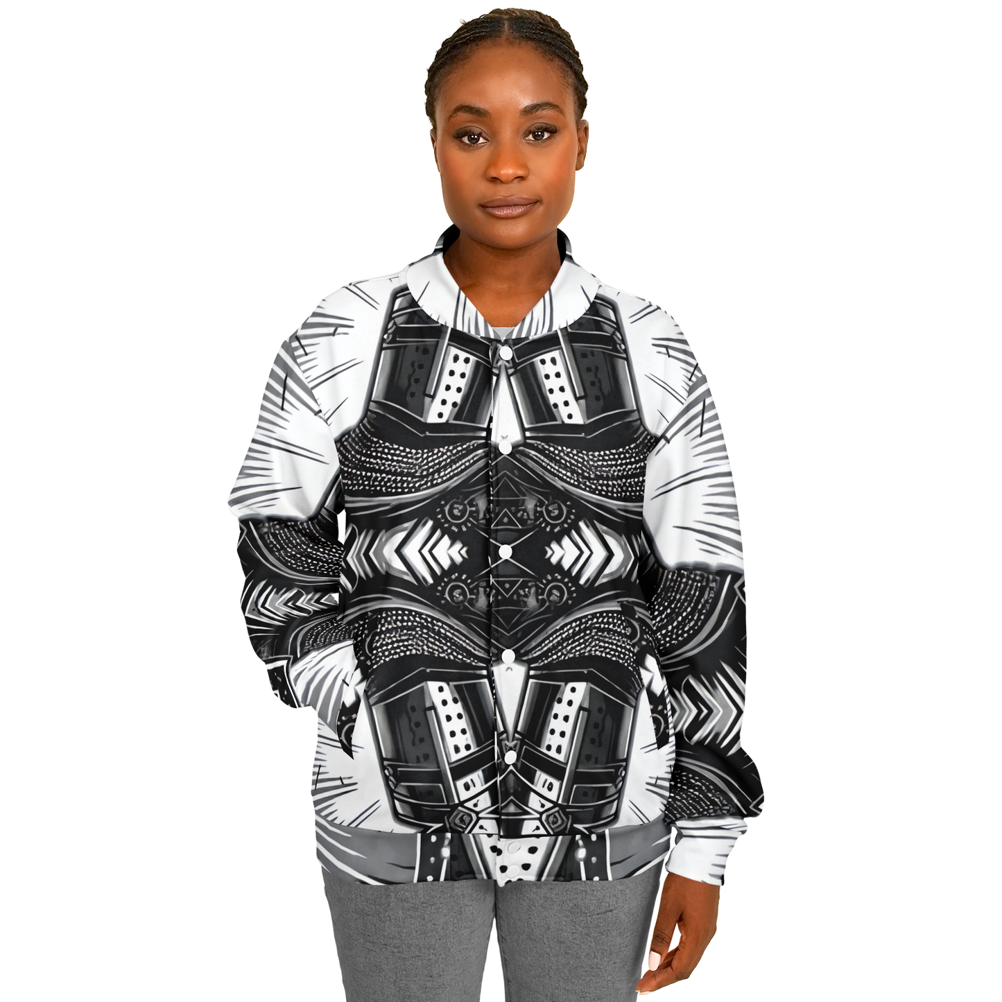 Women's Classic Black & White Geometric Pattern All Over Print Baseball Jacket