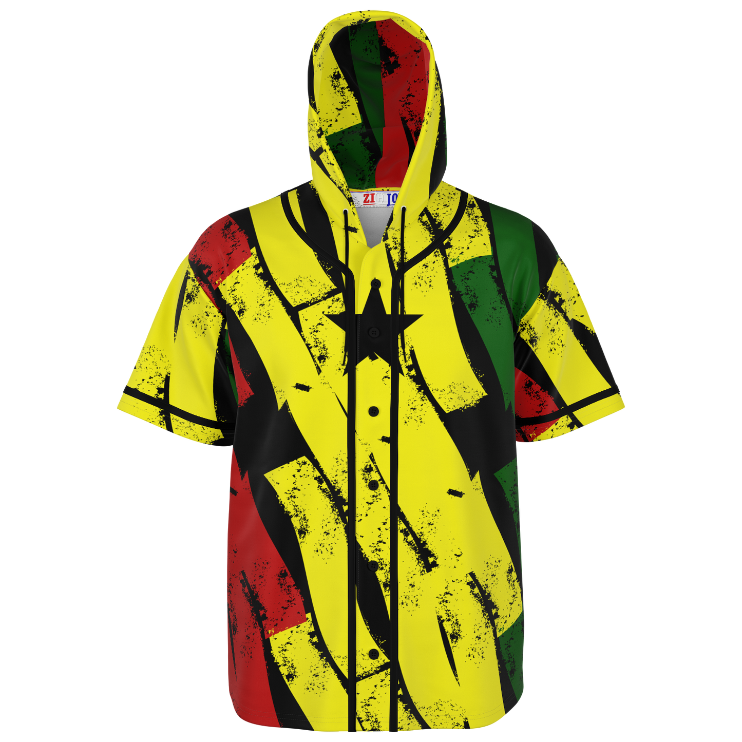 Men's Ghana Flag & Black Star Pattern All-Over Print Hooded Baseball Jersey