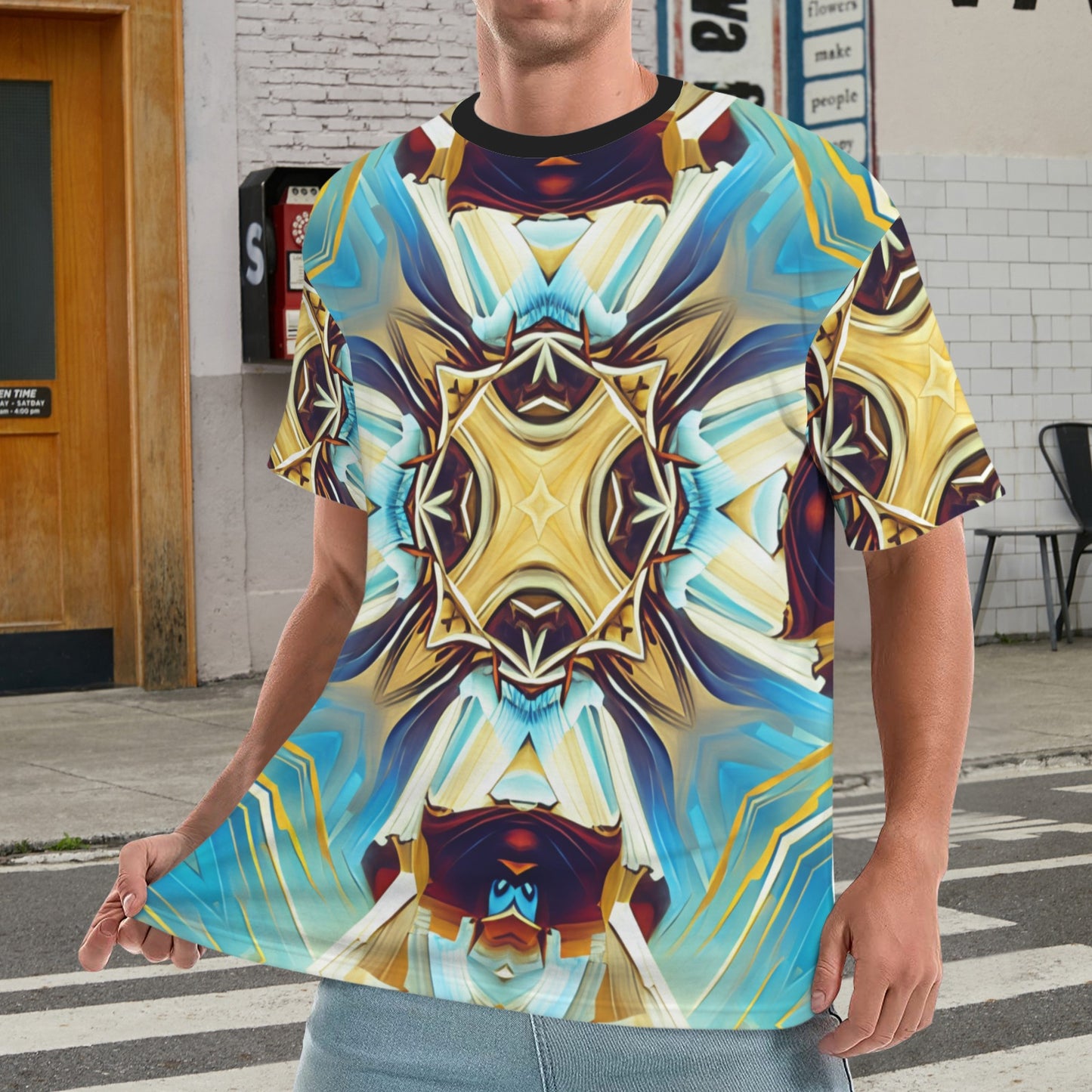Men's Abstract Teal & Gold Pattern All Over Print Men's All Over Print Ribbed Collar T-Shirt.