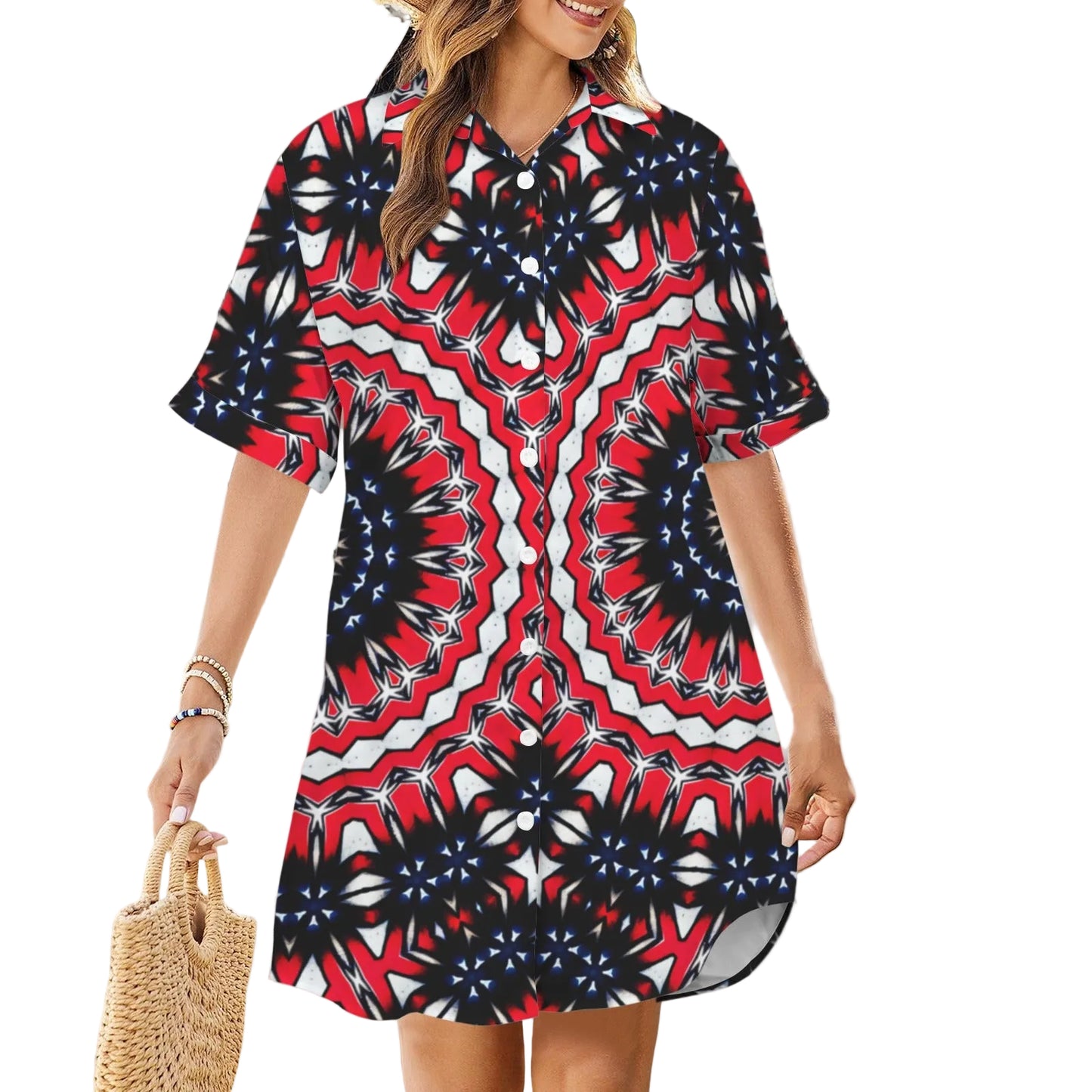 Women's Red, White & Blue Geometric Star Pattern All-Over Print Short Sleeve Button Front Shirt Dress
