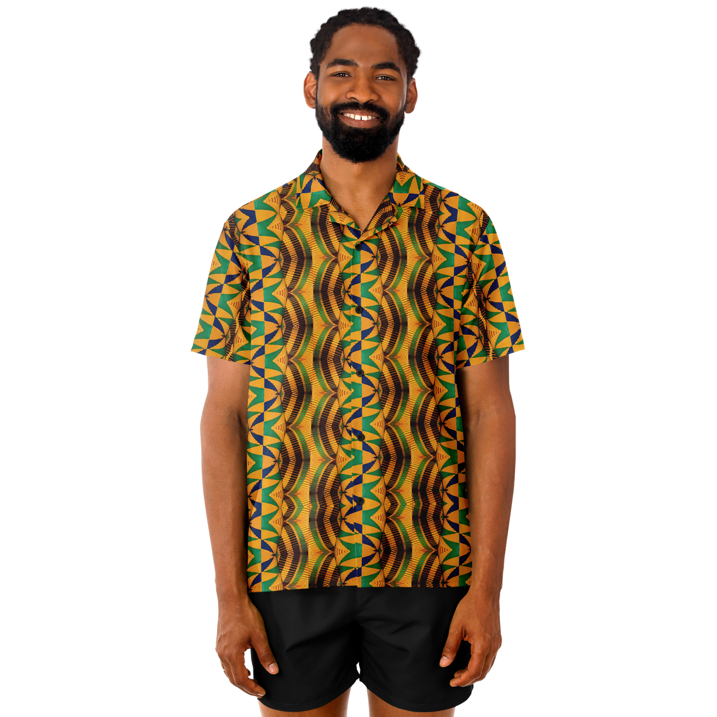 Men's African Kente Kaleidoscope Pattern All-Over Print Spread Collar Short Sleeve Button-Down Shirt