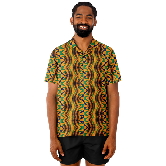 Men's African Kente Kaleidoscope Pattern All-Over Print Spread Collar Short Sleeve Button-Down Shirt