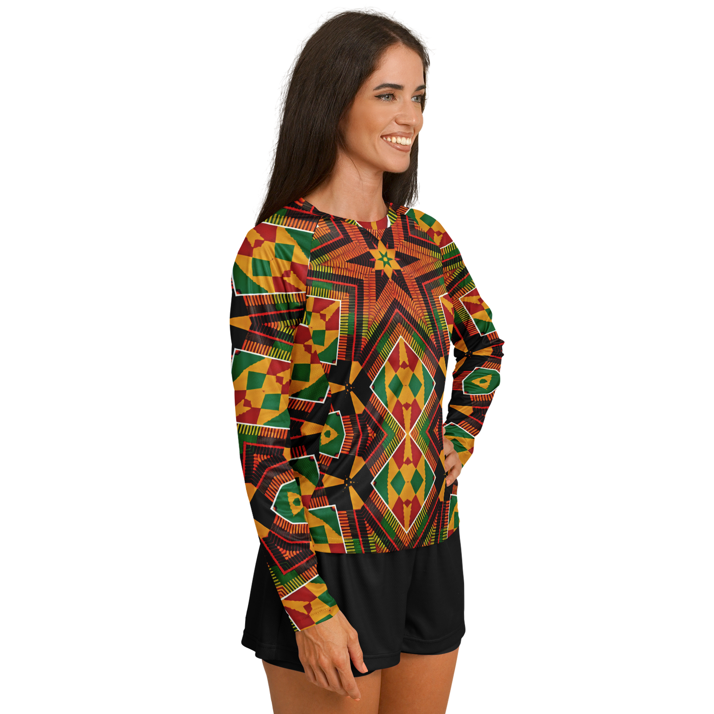 Women's African Kente Geometric Star Pattern All-Over Print Long Sleeve Performance Shirt