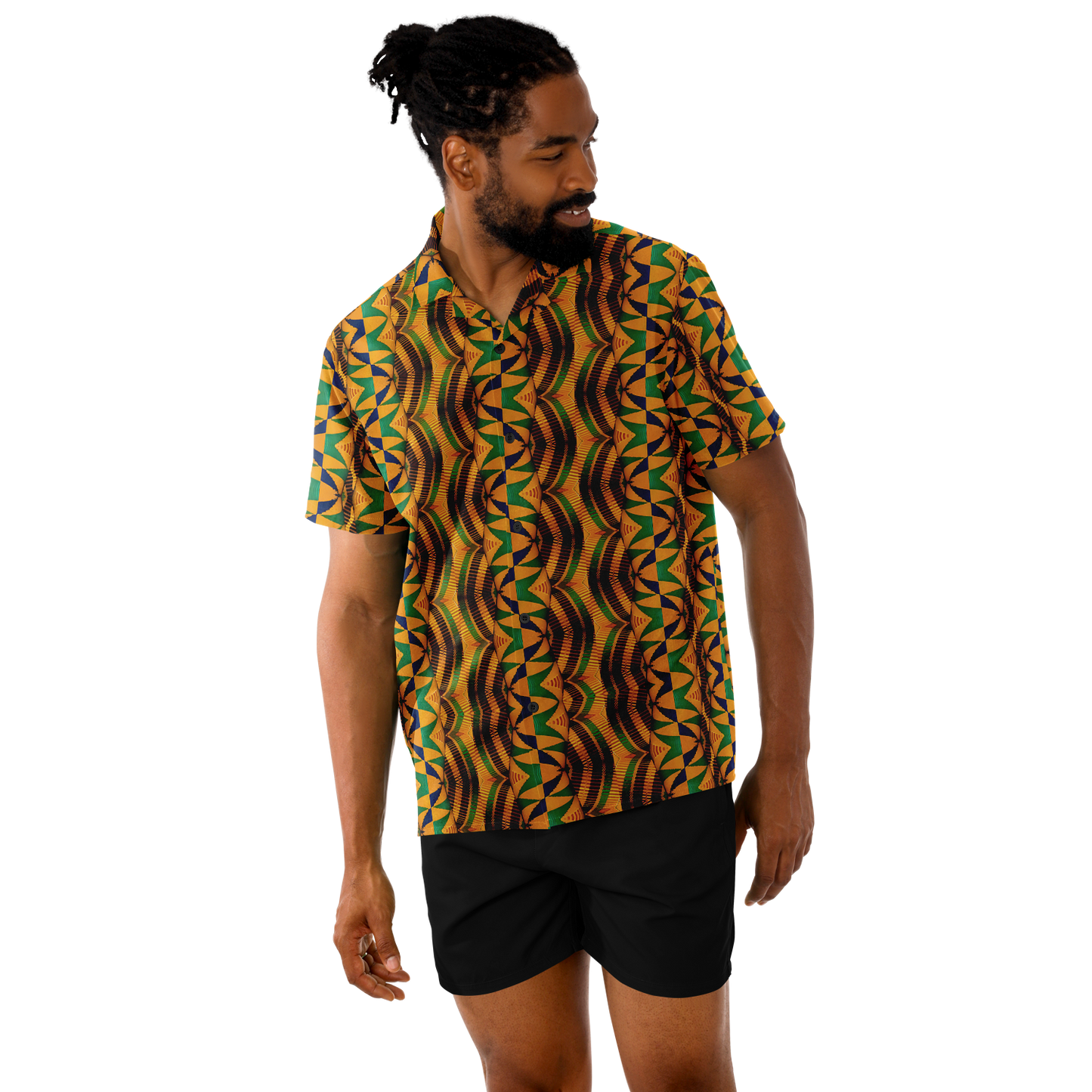 Men's African Kente Kaleidoscope Pattern All-Over Print Spread Collar Short Sleeve Button-Down Shirt
