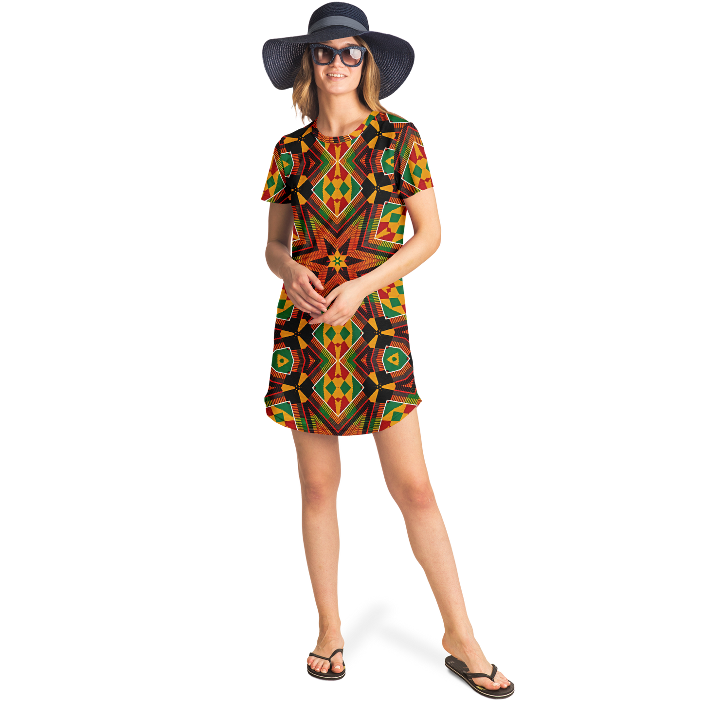 Women's African Kente Geometric Star Pattern All-Over Print T-Shirt Dress
