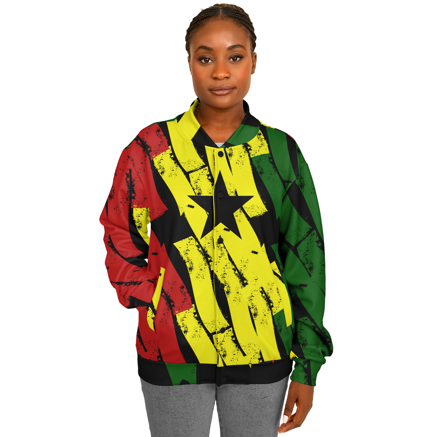 Women's Ghana Flag & Black Star Pattern All-Over Print Baseball Jacket