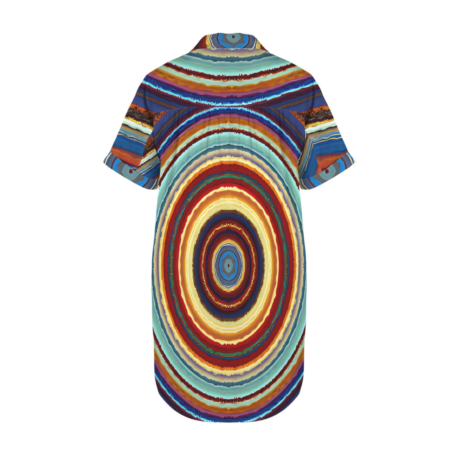 Women's Retro Radiant Circle Pattern  All-Over Print Short Sleeve Button Front Shirt Dress