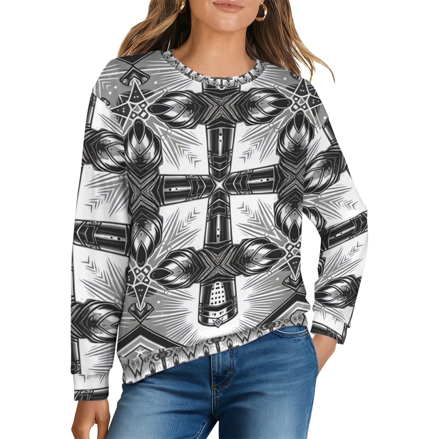 Women's Monochrome Gothic Cross Pattern All Over print Crew Neck Sweater.