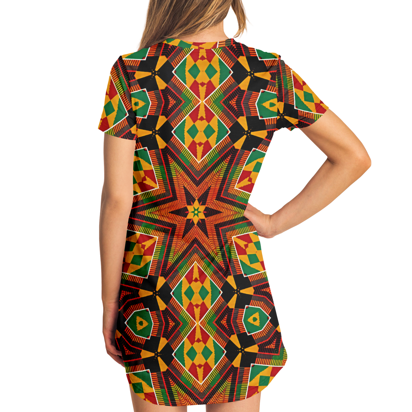 Women's African Kente Geometric Star Pattern All-Over Print T-Shirt Dress