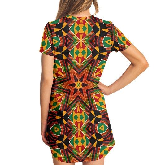 Women's African Kente Geometric Star Pattern All-Over Print T-Shirt Dress