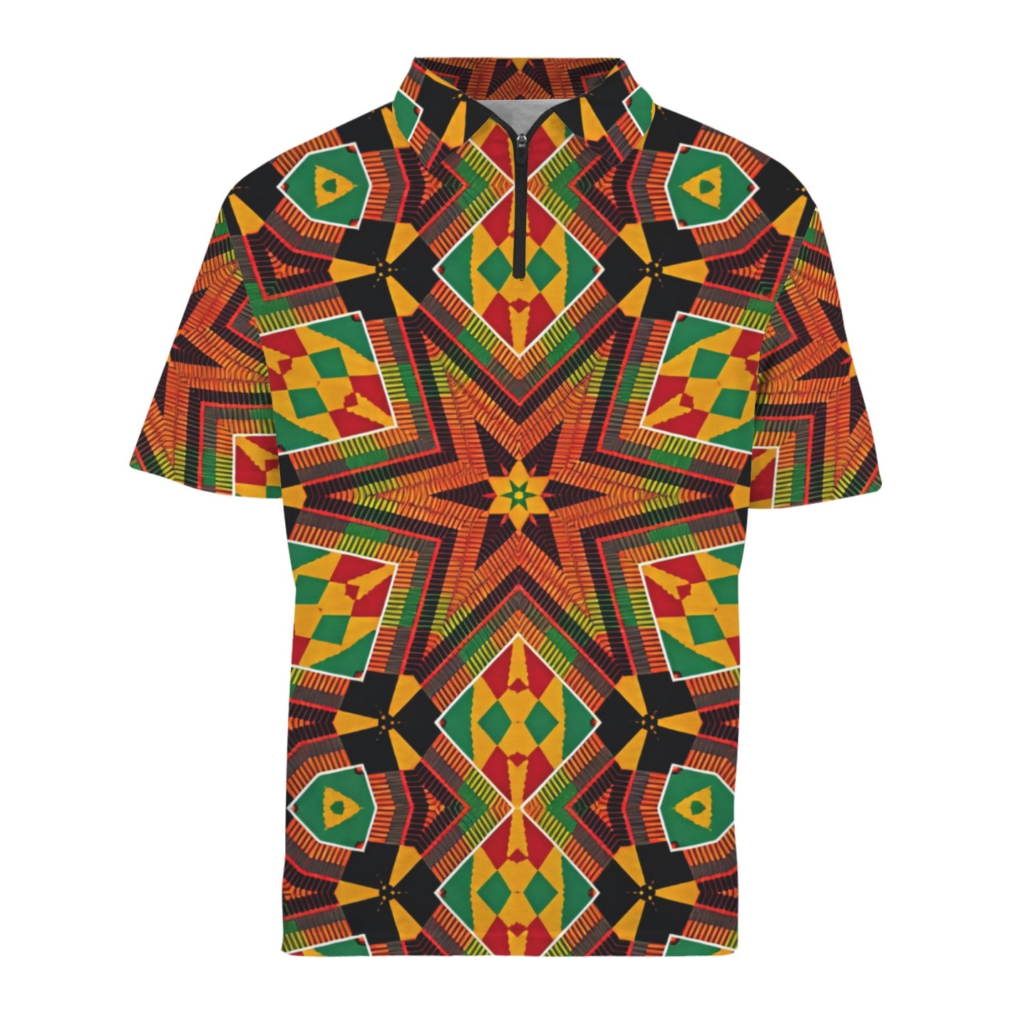 Men's African Kente Geometric Star Pattern All-Over Print Zipper Polo Shirt