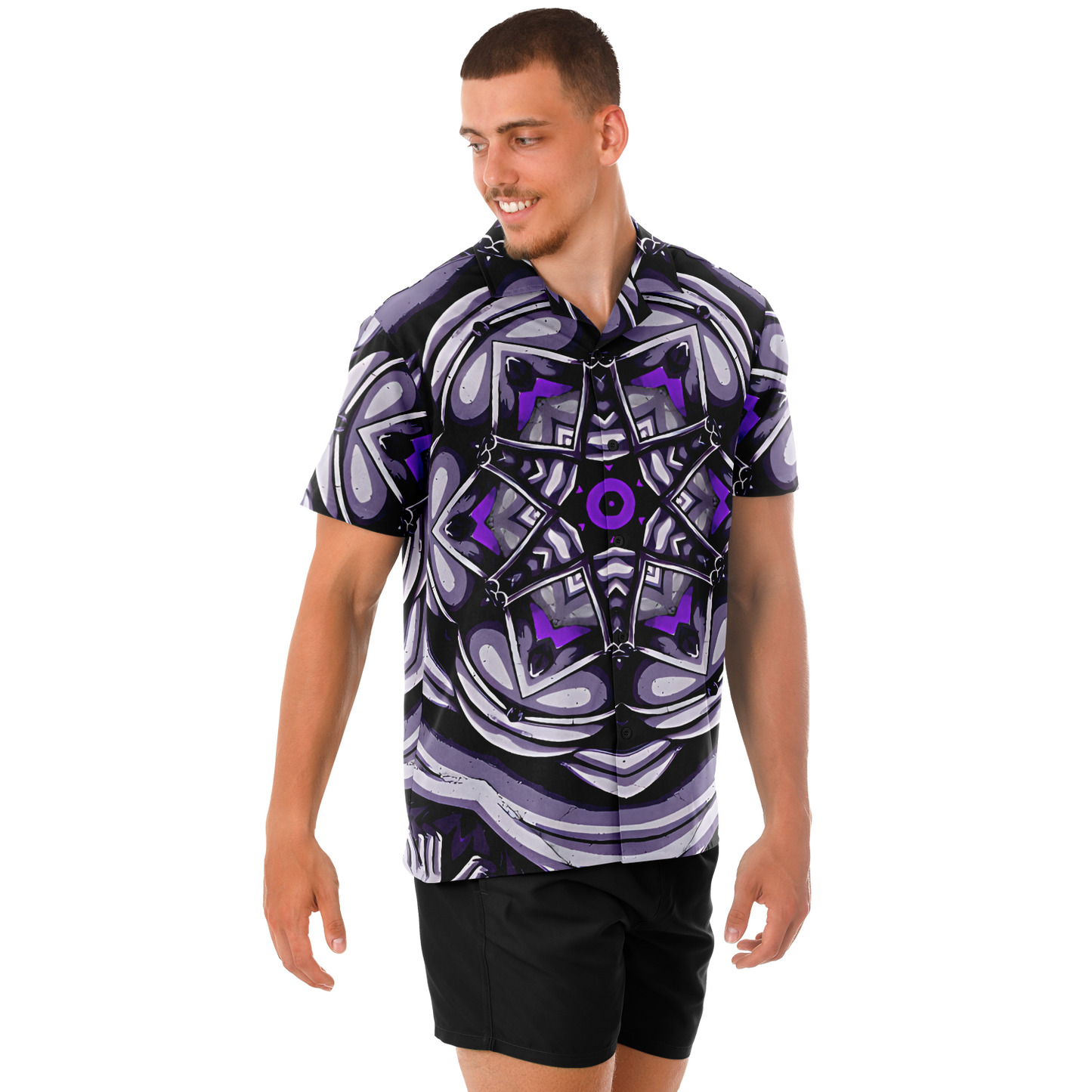 Men's Kaleidoscope Purple Pattern Spread Collar Short Sleeve Button-Down All Over Print Shirt.