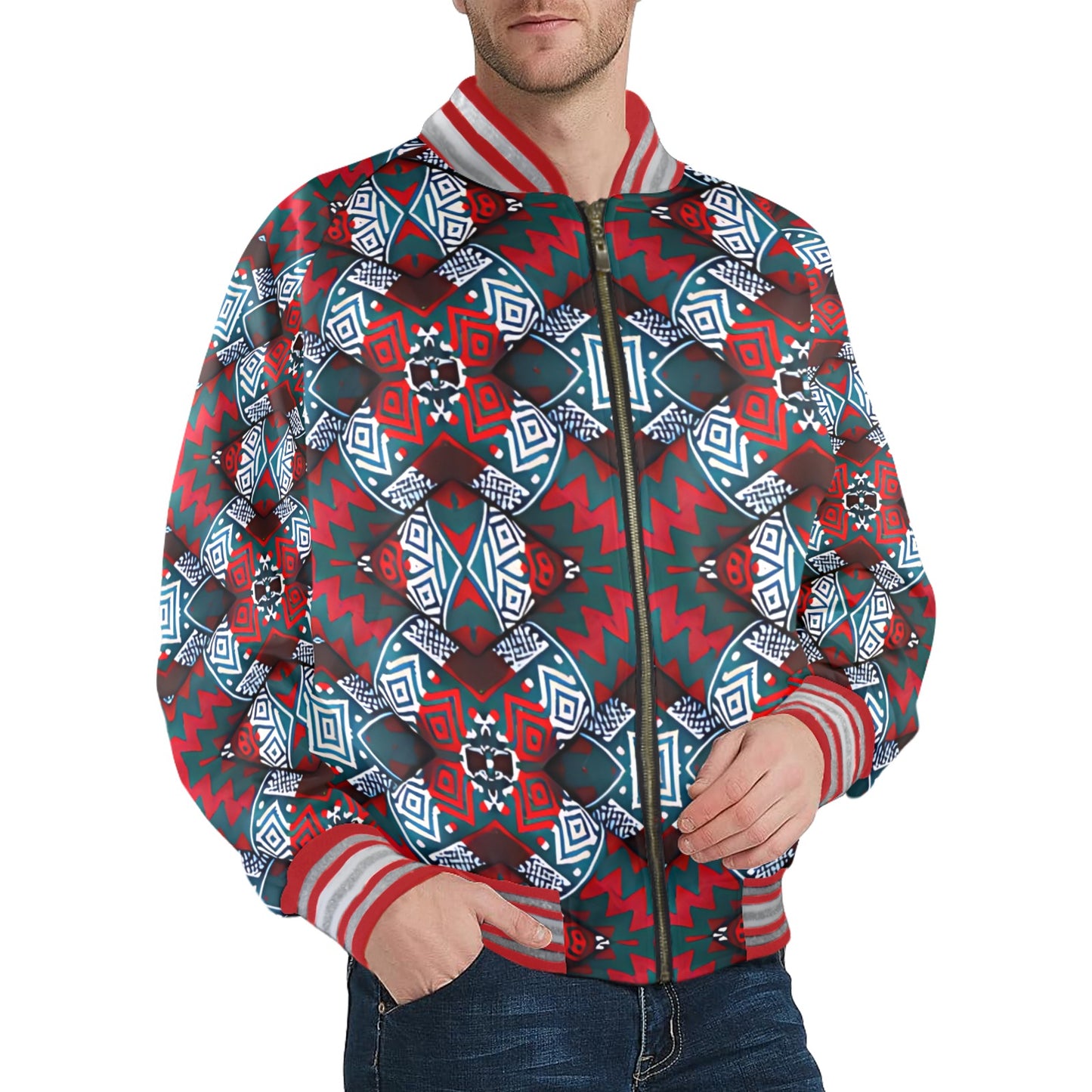 Men's Red, Green & White Teal Aztec Geo Pattern All-Over Print Striped Trim Bomber Jacket