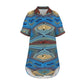 Women's Retro Radiant Circle Pattern All-Over Print Short Sleeve Button Front Shirt Dress