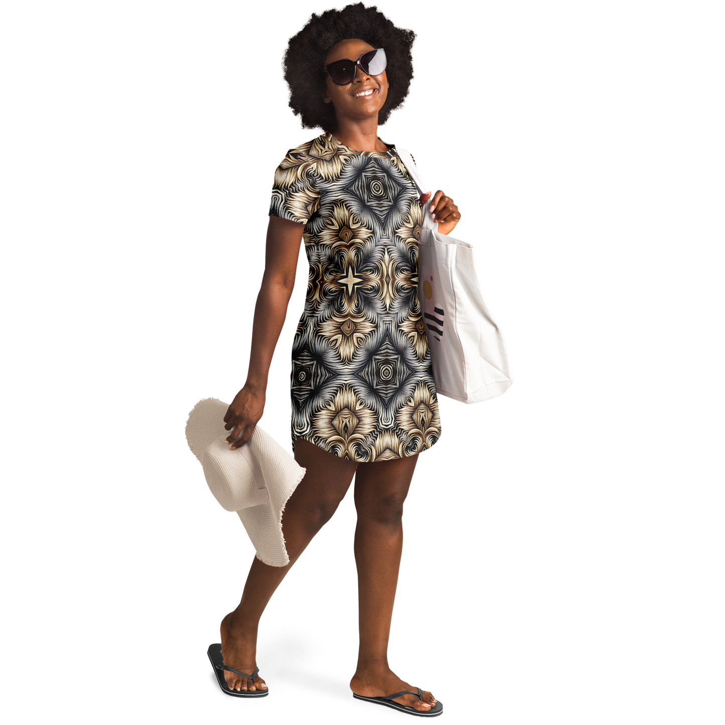 Women's Neutral Geometric Floral Pattern All Over print T-Shirt Dress