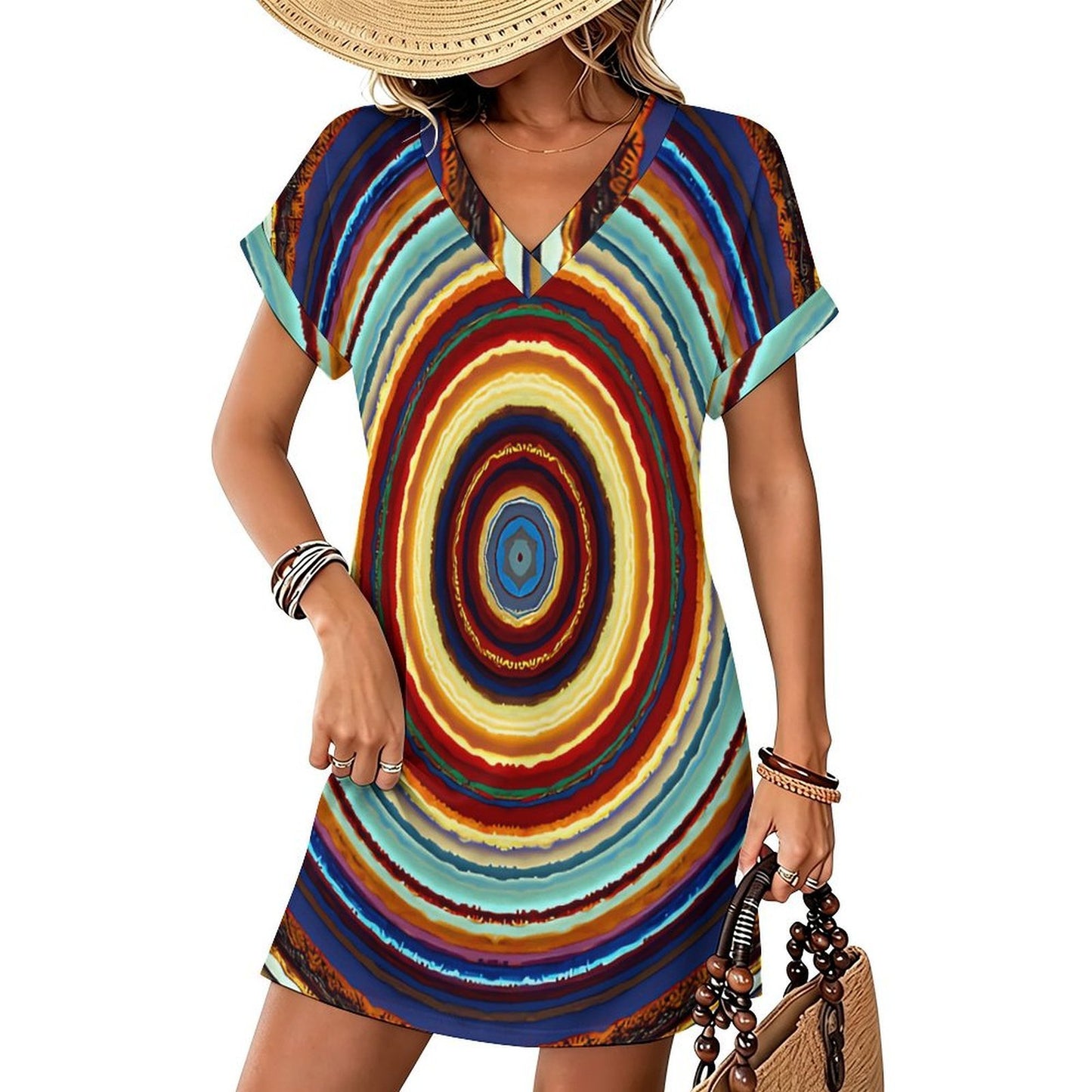 Women's Retro Radiant Circle Pattern All-Over Print Casual V-Neck Dress with Rolled Cuffs