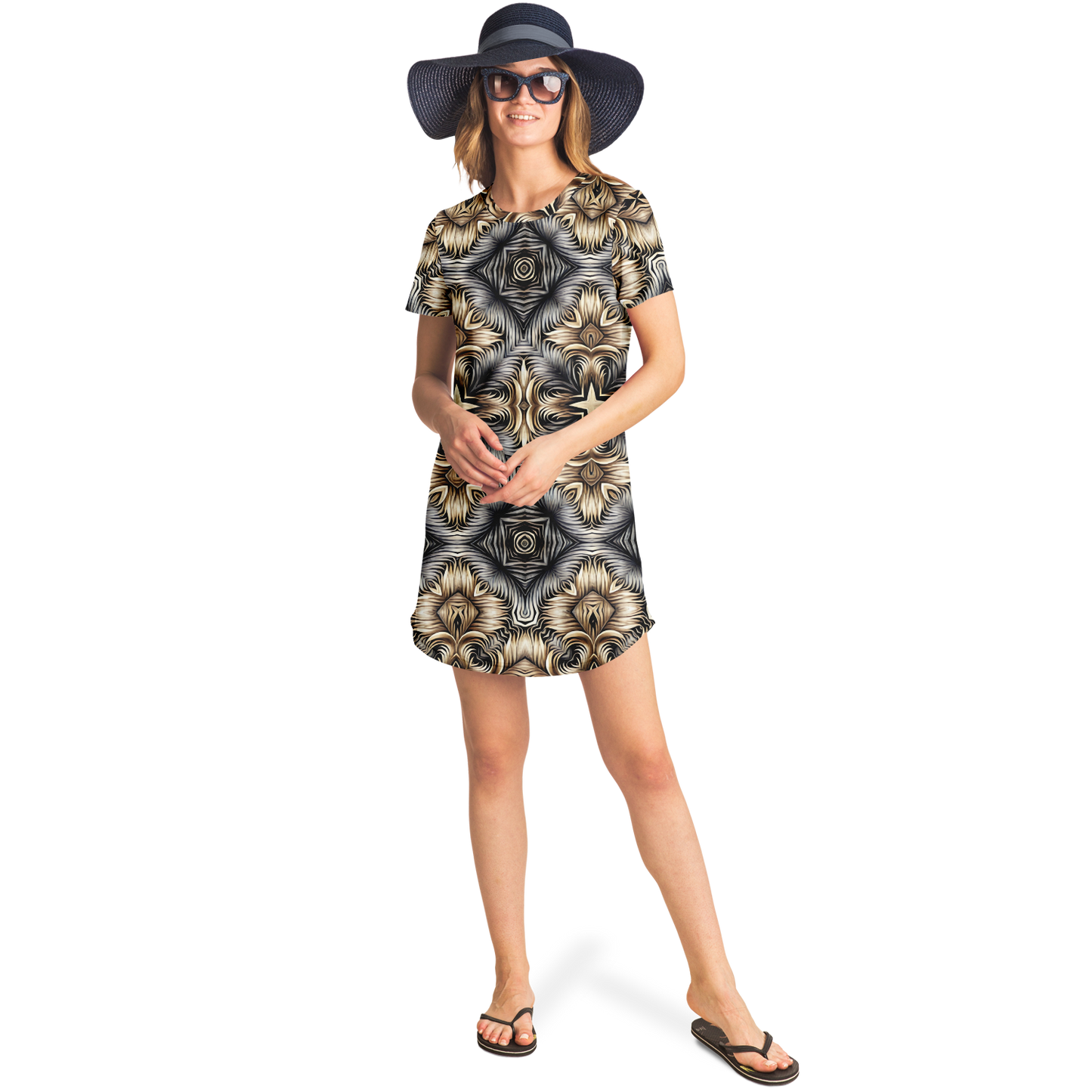 Women's Neutral Geometric Floral Pattern All Over print T-Shirt Dress