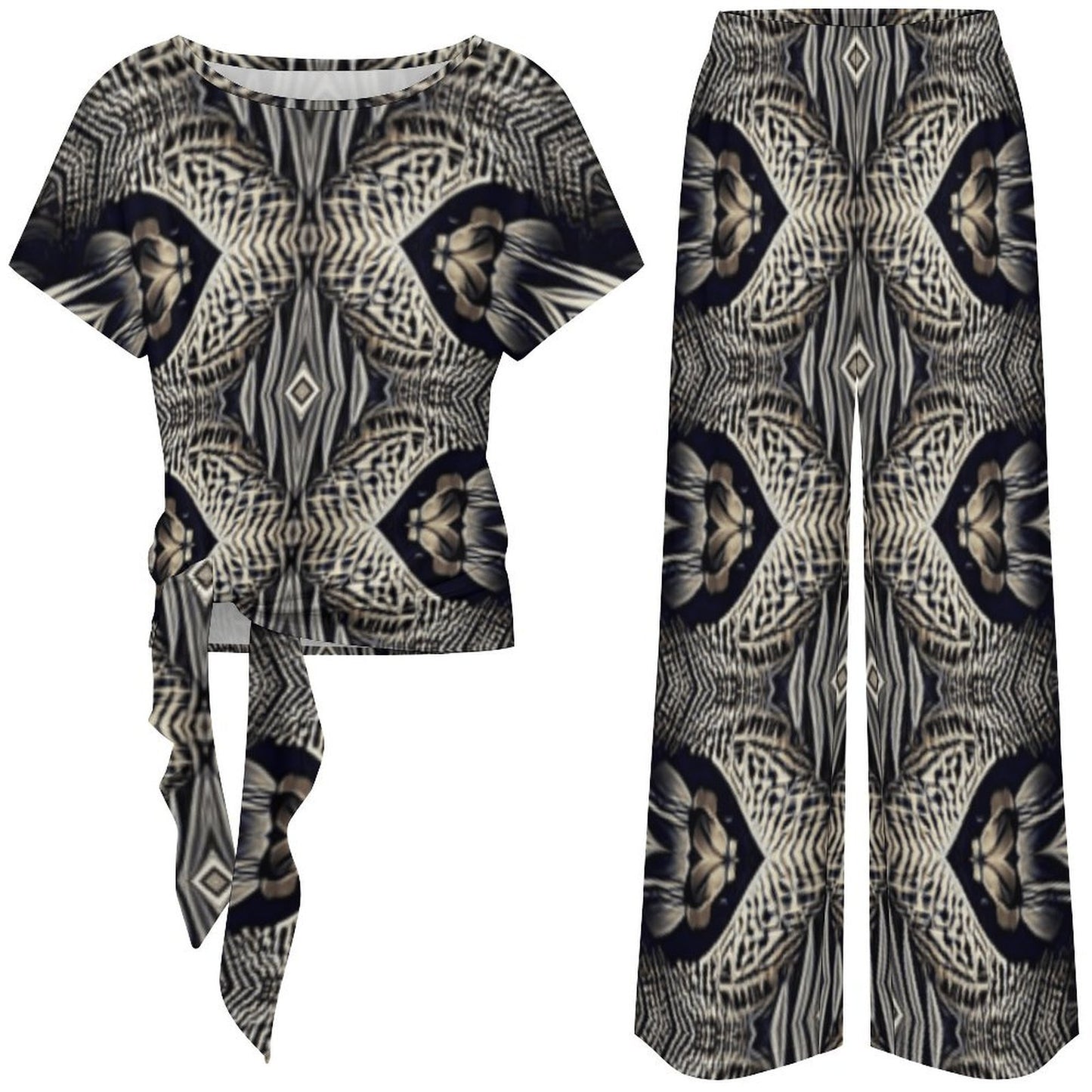 Women's Monochrome Geometric Kaleidoscope Pattern All Over Print Side-Tie Short Sleeve Top & Wide-Leg Pants Set