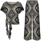 Women's Monochrome Geometric Kaleidoscope Pattern All Over Print Side-Tie Short Sleeve Top & Wide-Leg Pants Set