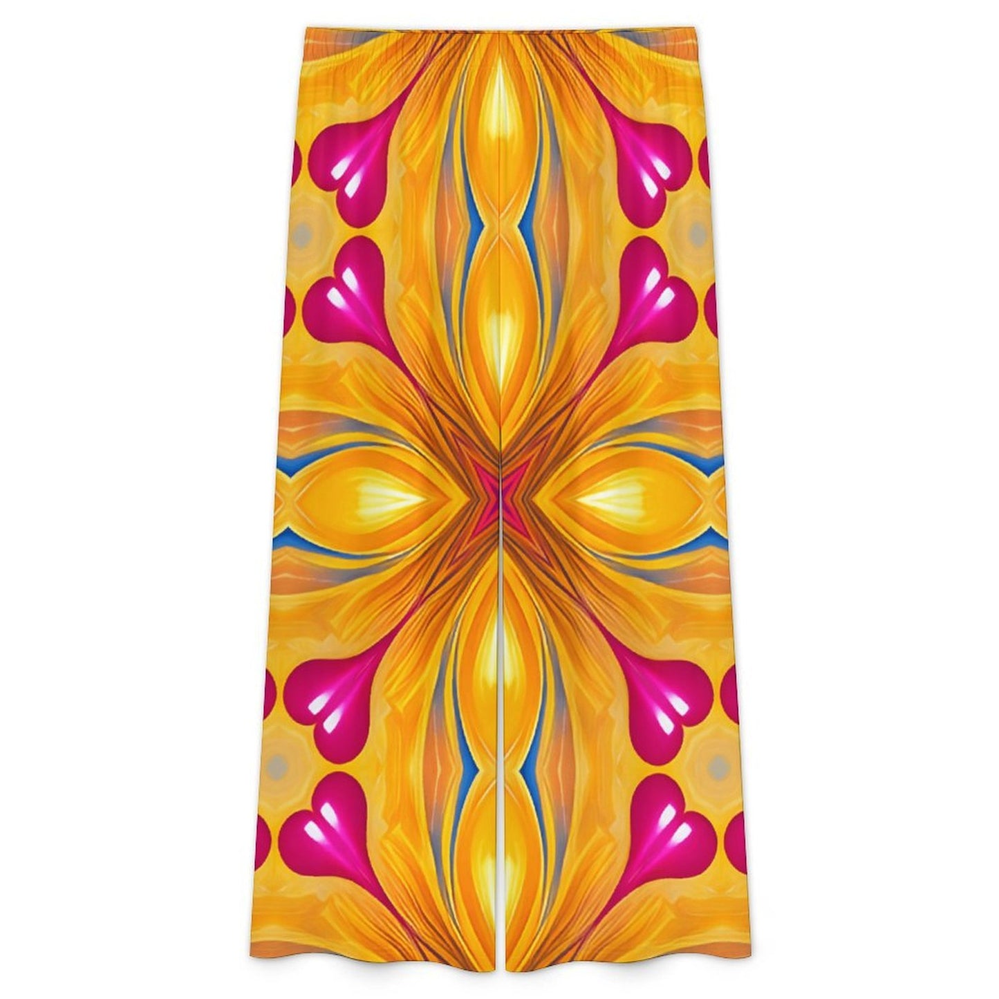 Women's Yellow & Red Heart To Heart Pop Pattern All Over Print Side-Tie Short Sleeve Top & Wide-Leg Pants Set