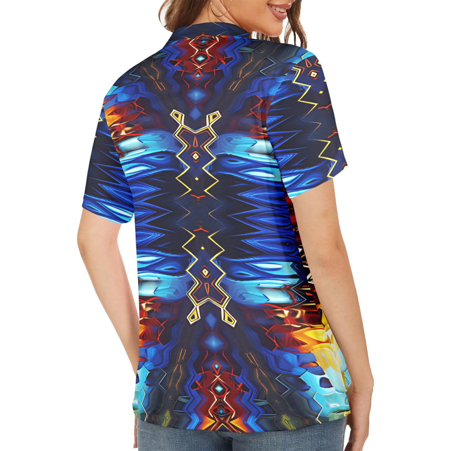 Women's Blue & Red Kaleidoscope Pattern All Over Print Polo Shirt