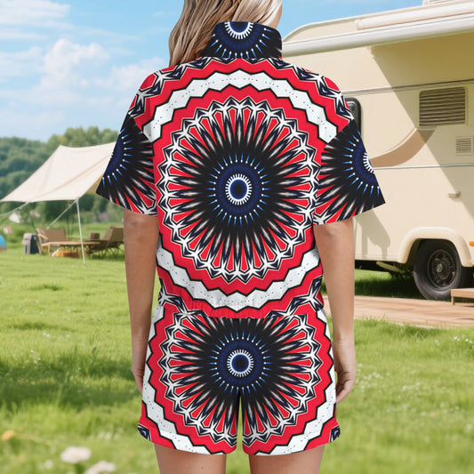 Women's Patriotic Red White Blue Geometric Windbreaker Short Set