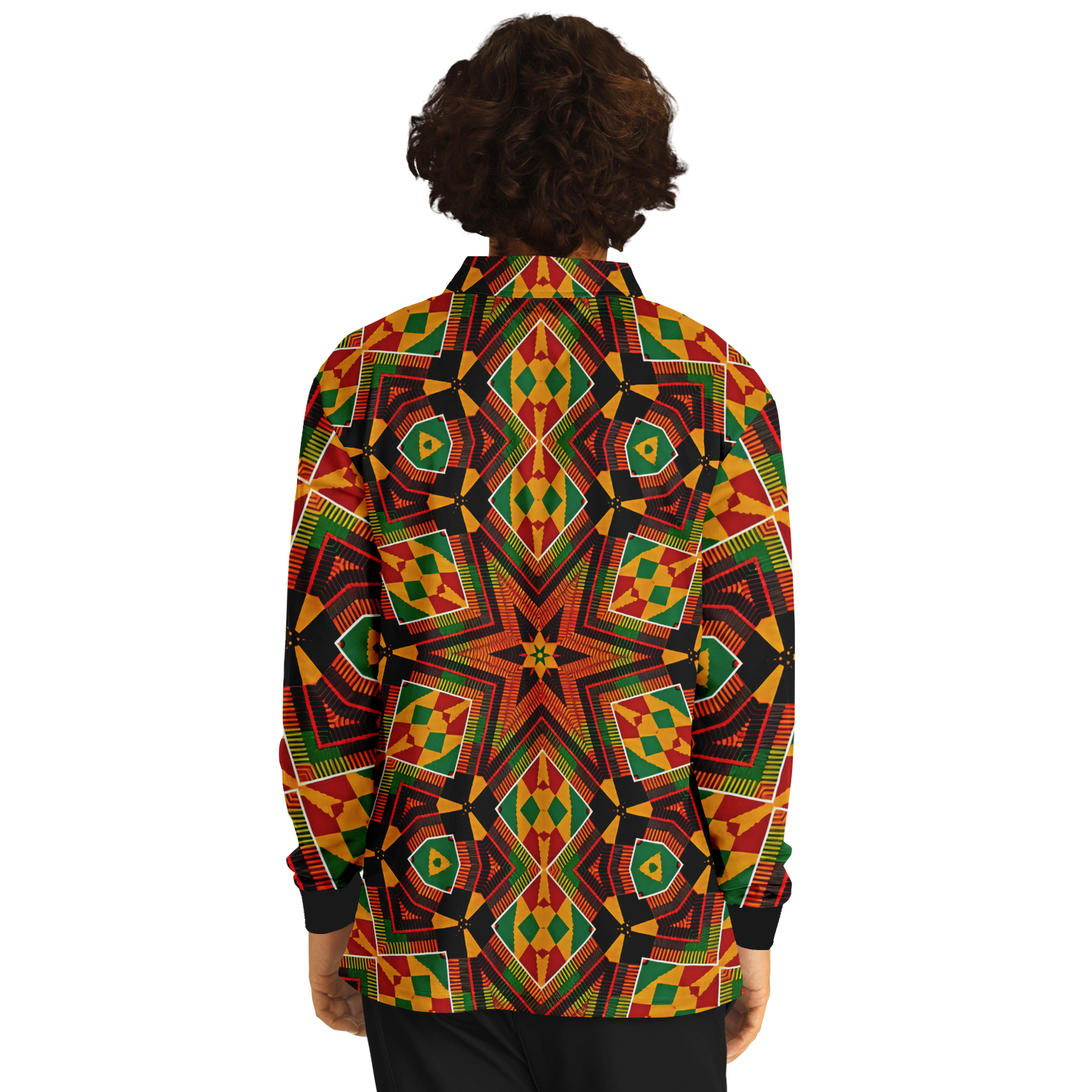 Men’s  African Kente Geometric Star Pattern All-Over Print Long Sleeve Polo Shirt