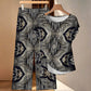 Women's Monochrome Geometric Kaleidoscope Pattern All Over Print Side-Tie Short Sleeve Top & Wide-Leg Pants Set