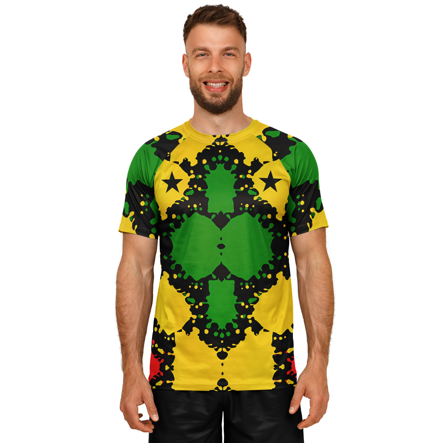 Men Bold Red Yellow Green & Black Star Geometric Pattern All Over Print Soccer Jersey