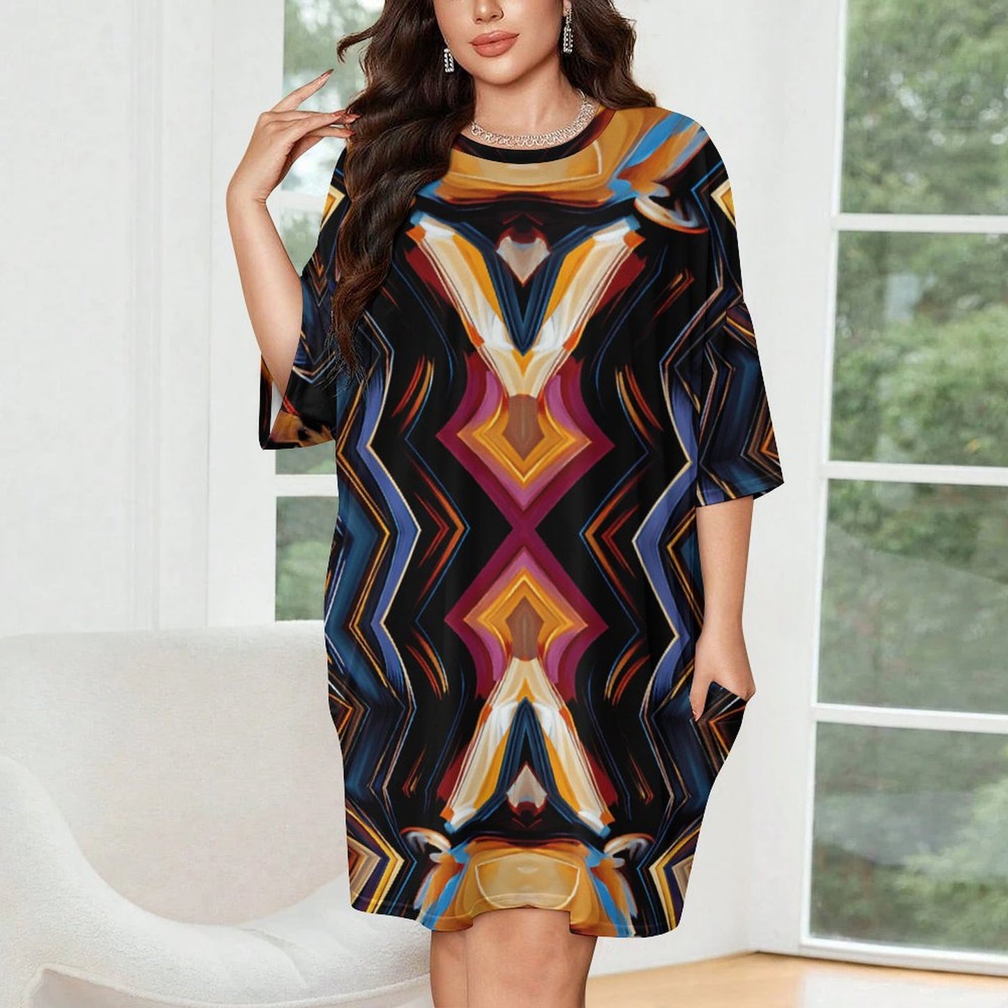 Women's Bold Geometric All-Over Print Oversized T- Shirt Loungewear