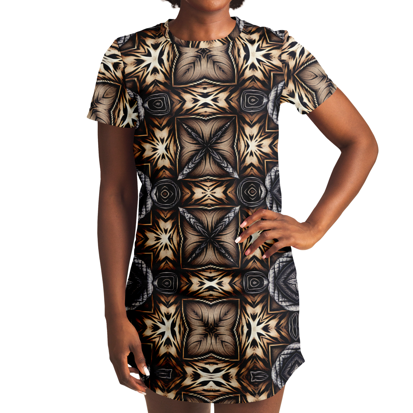 Women's Geometric Kaleidoscope Brown Pattern All Over Print T-Shirt Dress