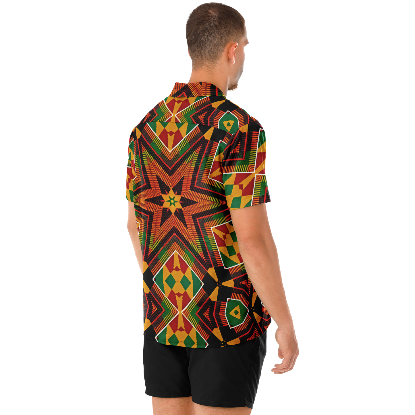Men's African Kente Geometric Star Pattern All-Over Print Spread Collar Short Sleeve Button-Down Shirt