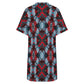 Women's Red, Green & White Teal Aztec Geo Pattern All-Over Print Casual V-Neck Dress with Rolled Cuffs