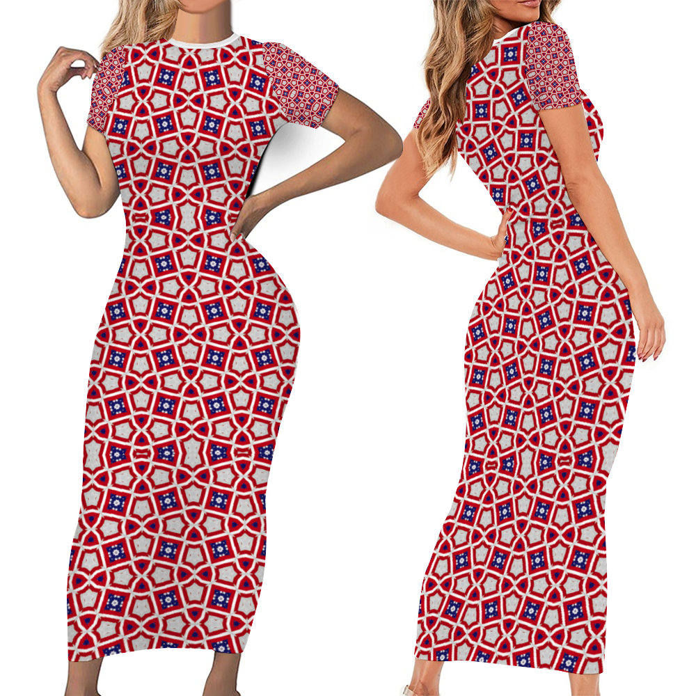 Women's Round Neck Long Dress Short Sleeve Bodycon Pencil Dress