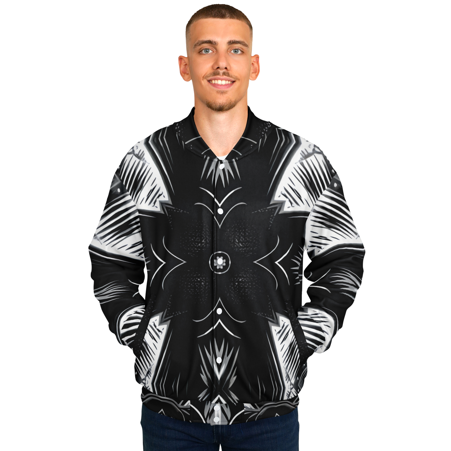Men's Black & White Geometric Pattern All Over print All Over Print Baseball Jacket