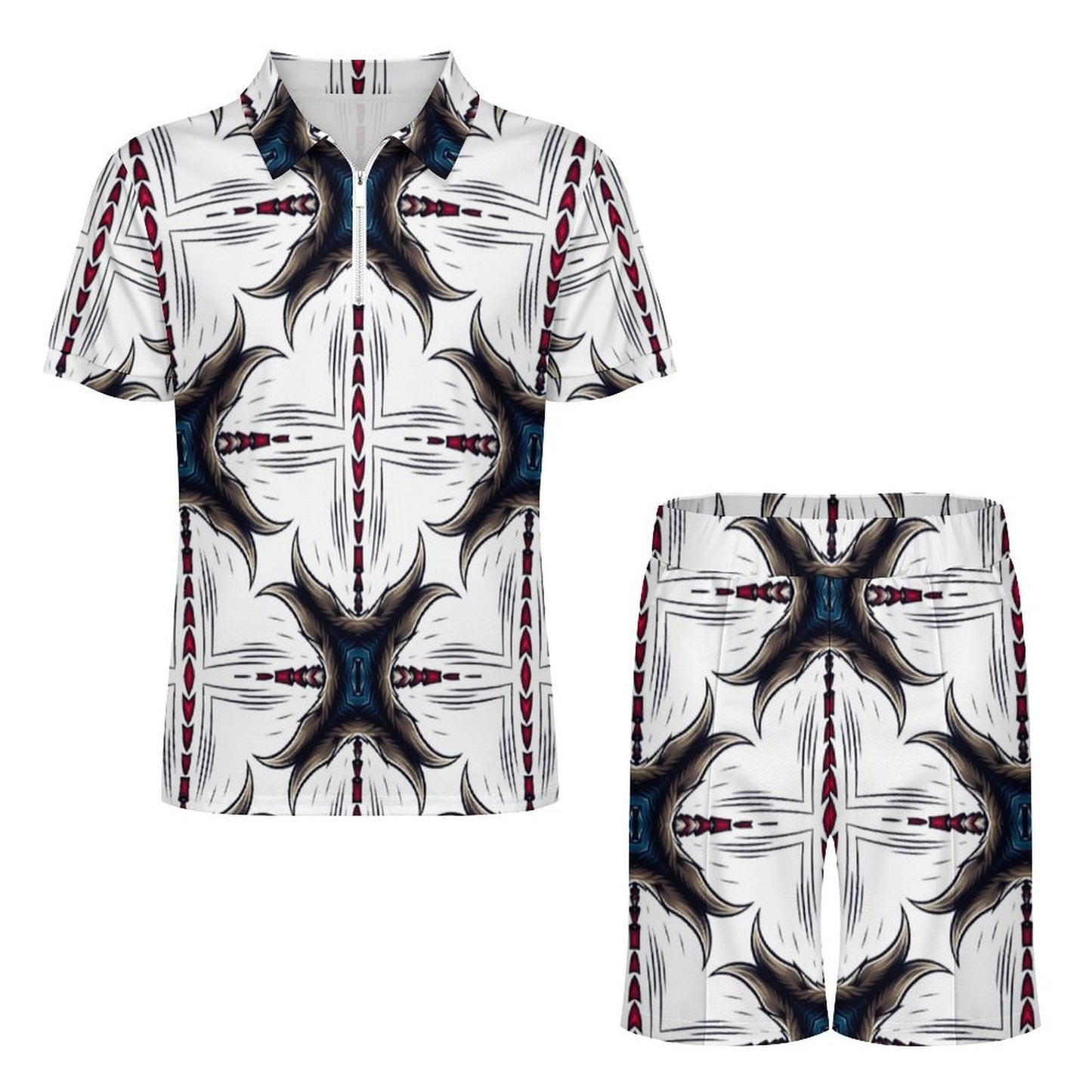 Men's Kaleidoscope Geo Pattern All-Over Print Zip-Up Polo Set