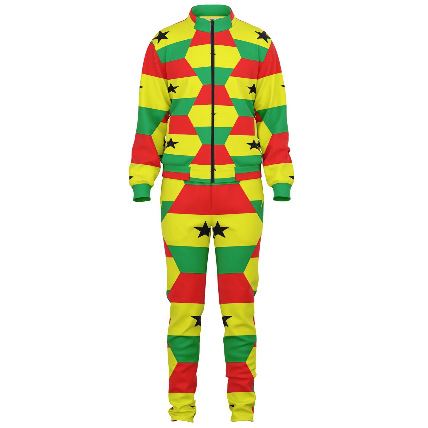 Men's Red Yellow Green Stars Flag Hex Pattern Track Jacket and Pants