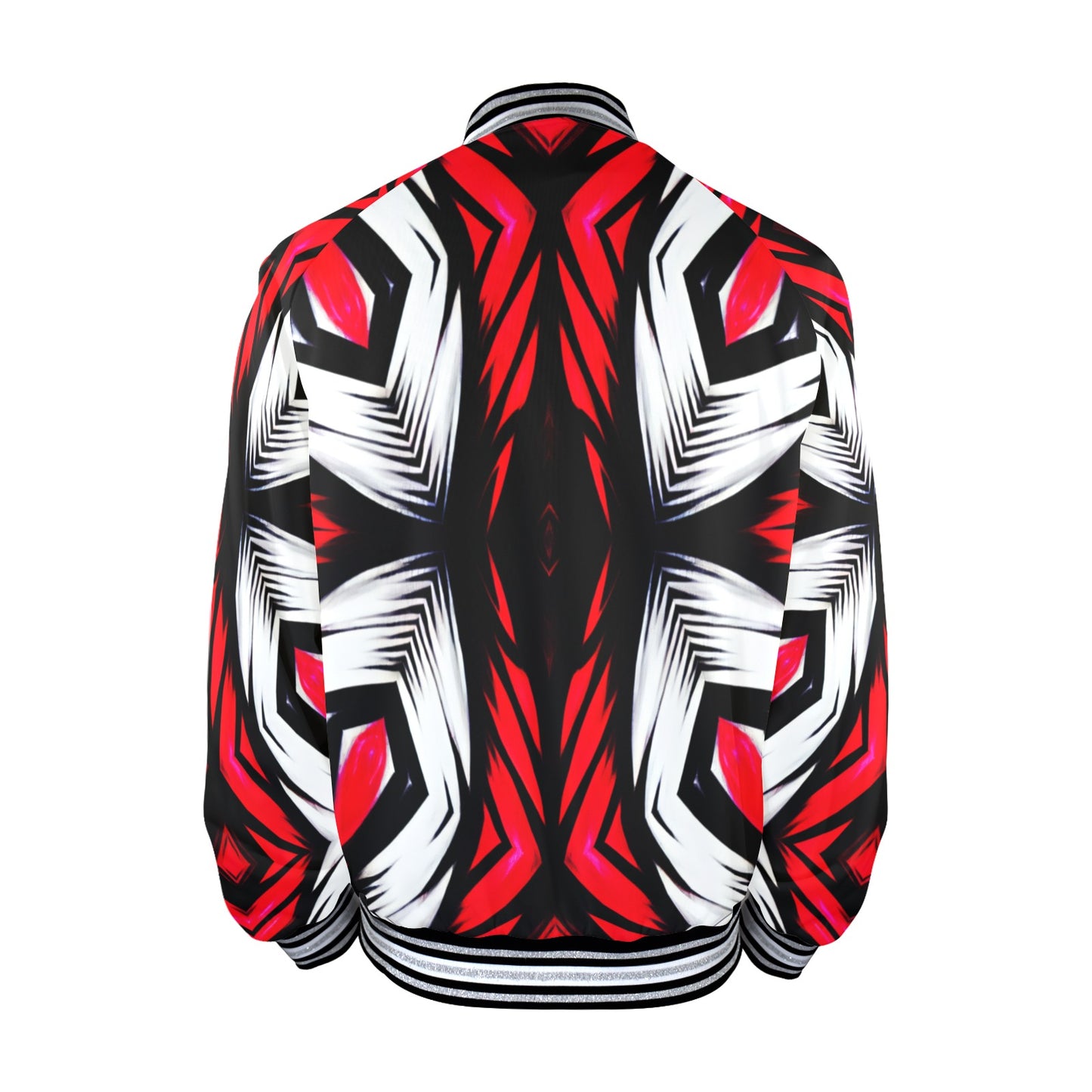 Men's Abstract Red, White & Black Pattern All-Over Print All Over Print Men's Striped Trim Bomber Jacket