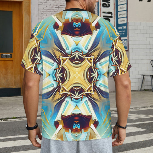 Men's Abstract Teal & Gold Pattern All Over Print Men's All Over Print Ribbed Collar T-Shirt.