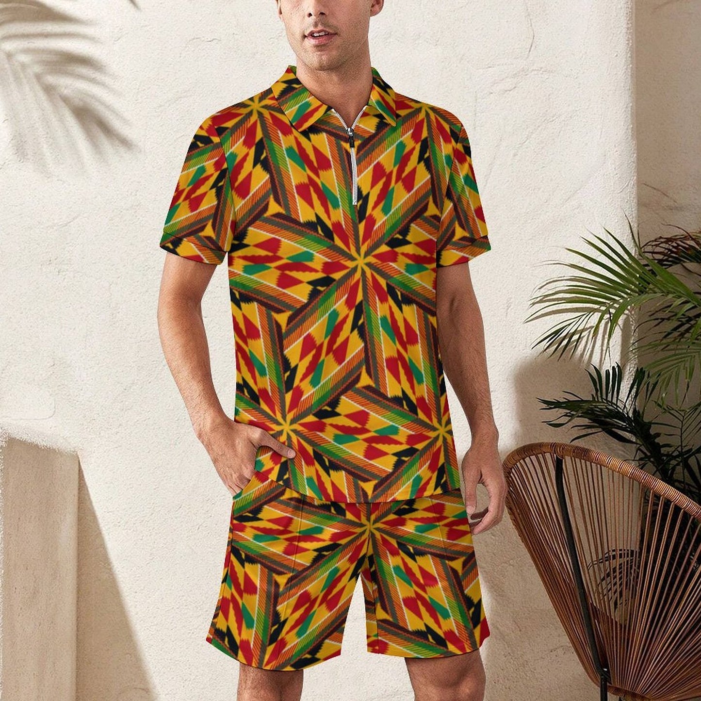 Men's Vibrant African Kente Geometric All-Over Print Zip-Up Polo Set