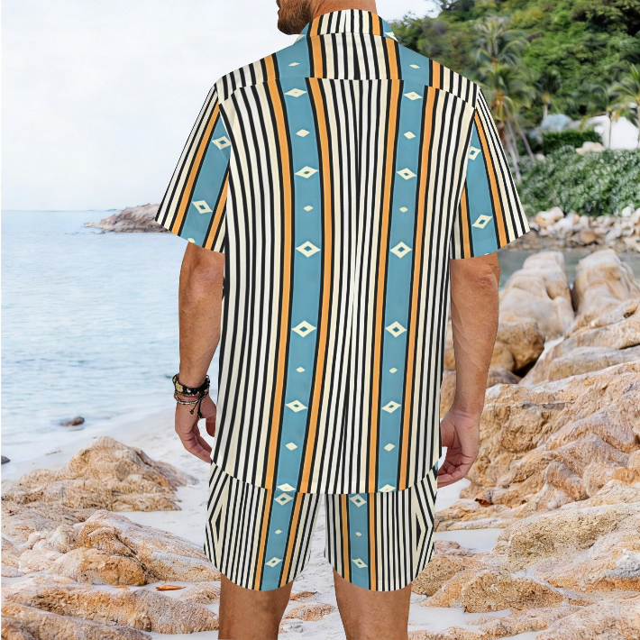 Men's Striped Retro Blue & Orange Patten All Over Print Hawaiian Shirt & Shorts Set
