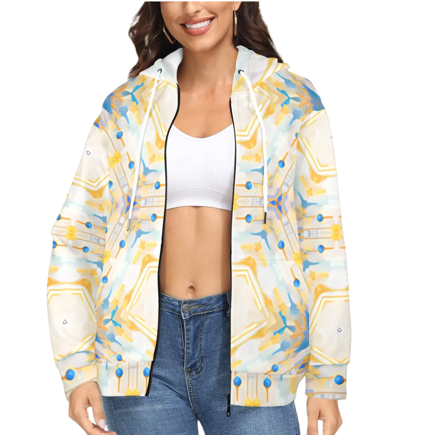 Women's Kaleidoscope Sunburst Pattern All-Over Print Fleece Full-Zip Hoodie