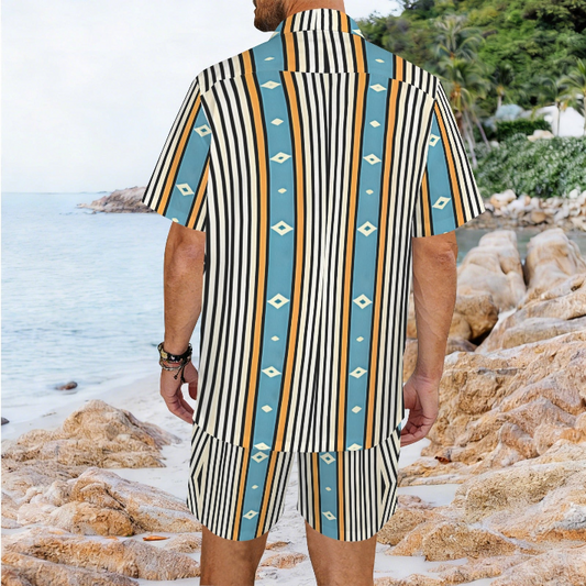 Men's Striped Retro Blue & Orange Patten All Over Print Hawaiian Shirt & Shorts Set