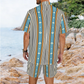 Men's Striped Retro Blue & Orange Patten All Over Print Hawaiian Shirt & Shorts Set