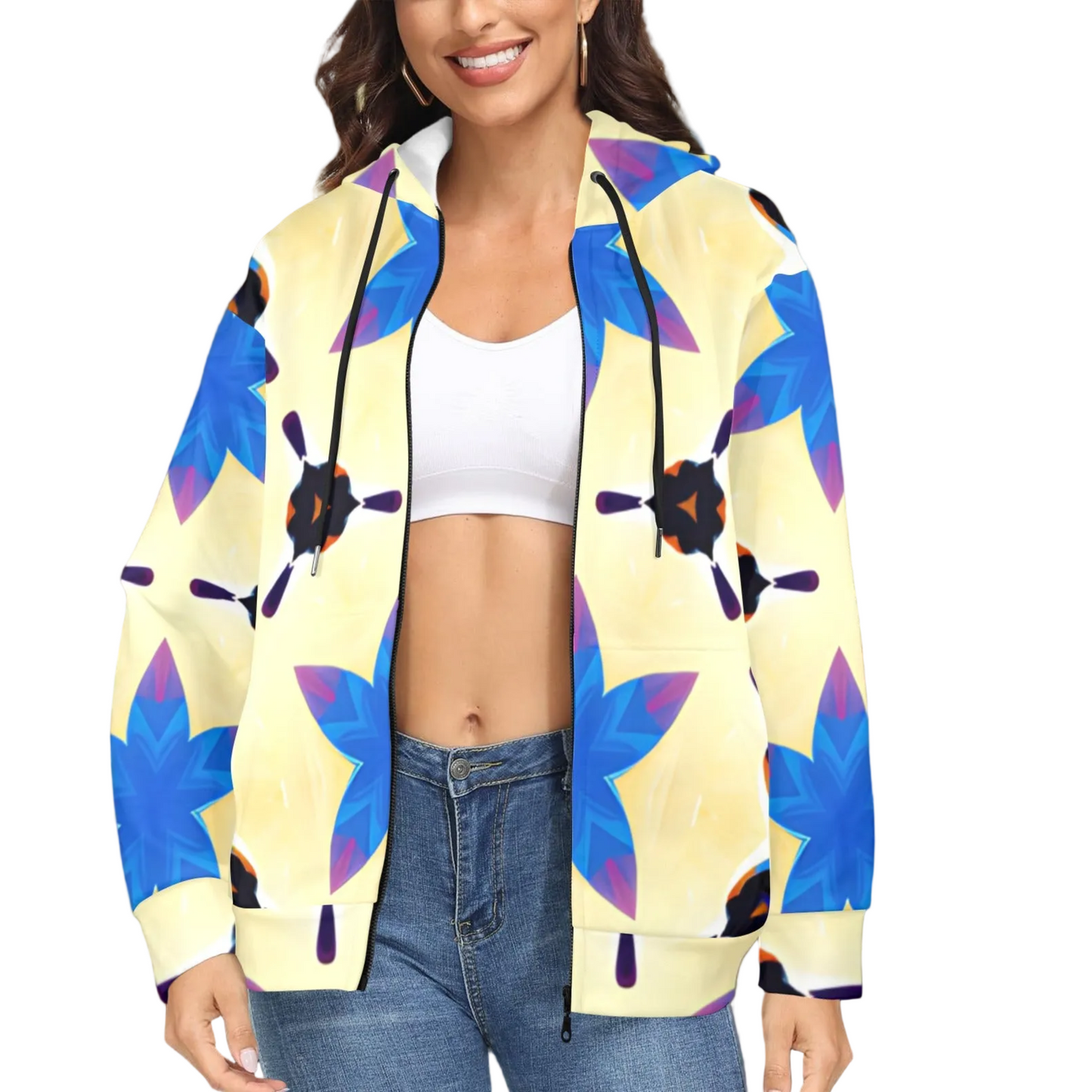 Women's Blue Floral Kaleidoscope Pattern All-Over Print Women's Fleece Full-Zip Hoodie (Model H60)