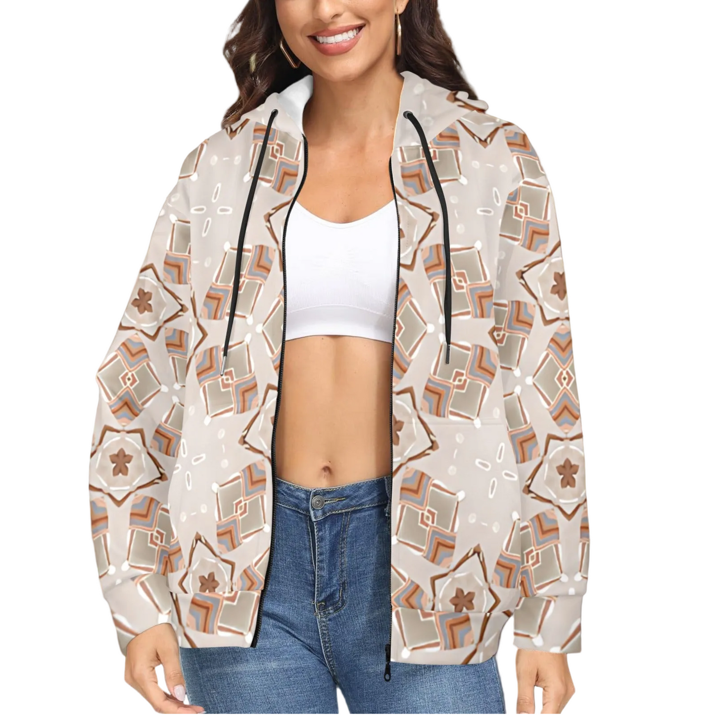 Women's Neutral Boho Graphic Pattern All-Over Print Women's Fleece Full-Zip Hoodie