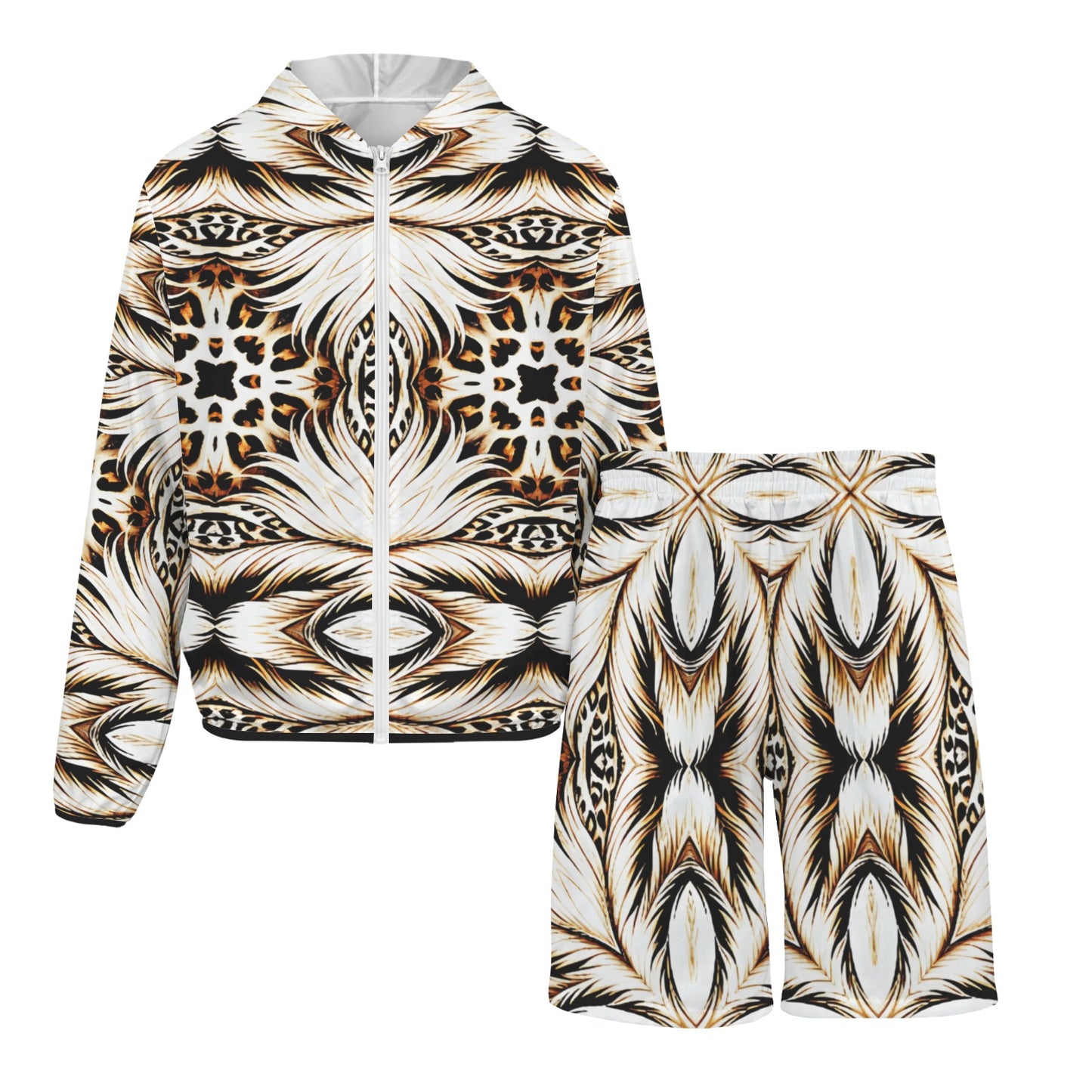 Men's Brown & Black Kaleidoscope Pattern  All Over Print Lightweight Sun Hoodie & Shorts Set