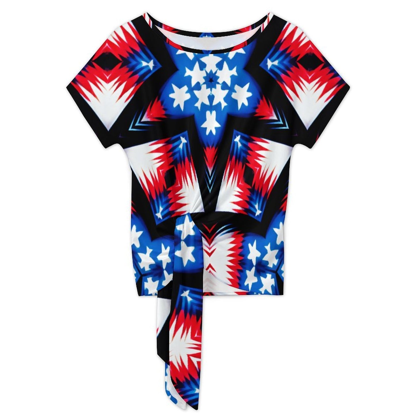 Women's Red White Blue & Black Geometric Pattern All-Over Print Side-Tie Short Sleeve Top & Wide-Leg Pants Set