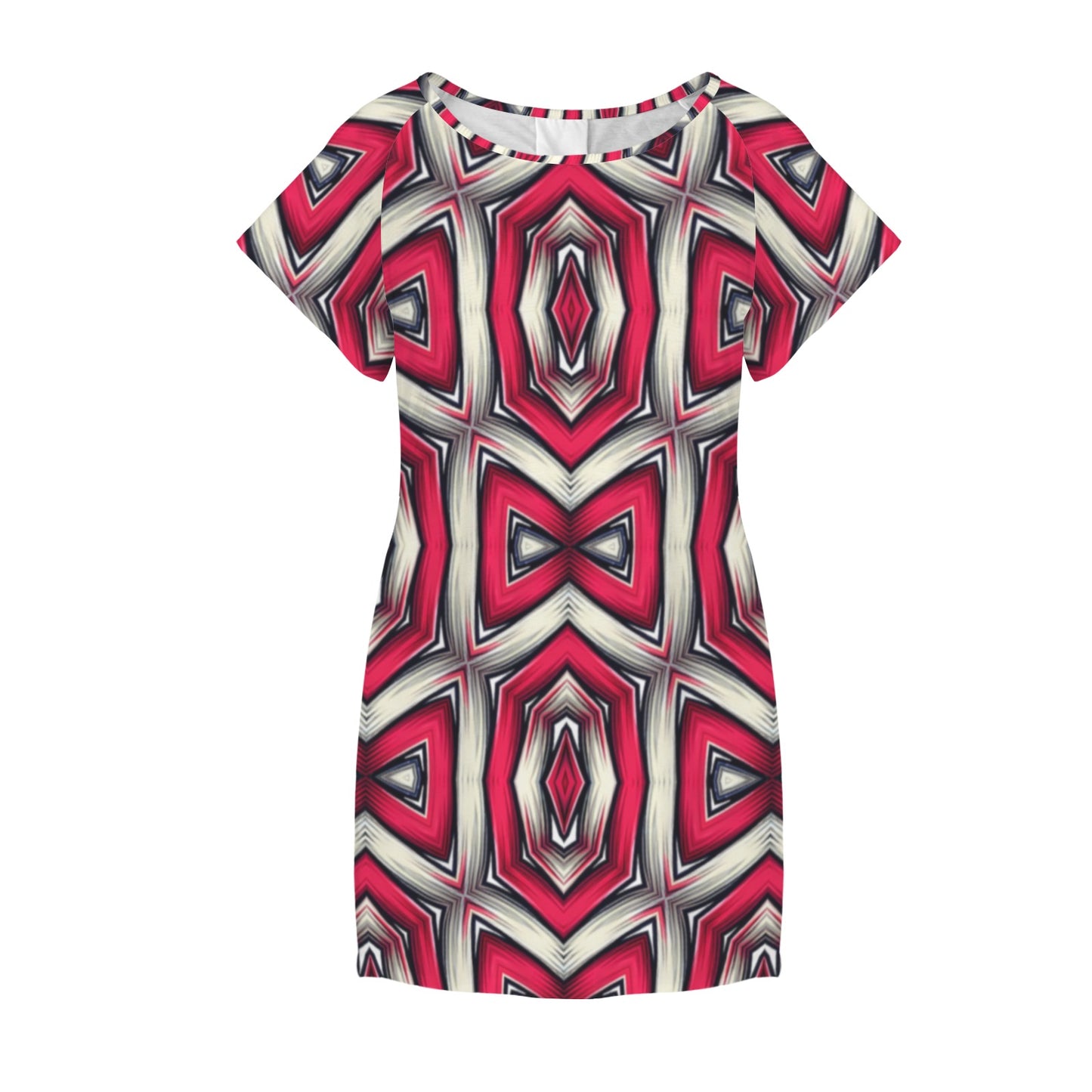 Women's Red Geometric Kaleidoscope Pattern All Over Print Round Neck Pocket Casual Dress